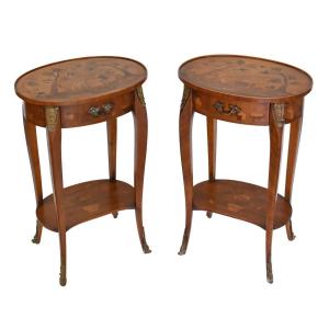 Pair Of Transition-style Nightstands With Marquetry, In The Style Of Charles Topino