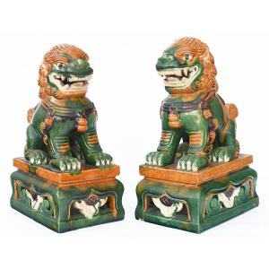 Pair Of Fô Dogs In Glazed Ceramic