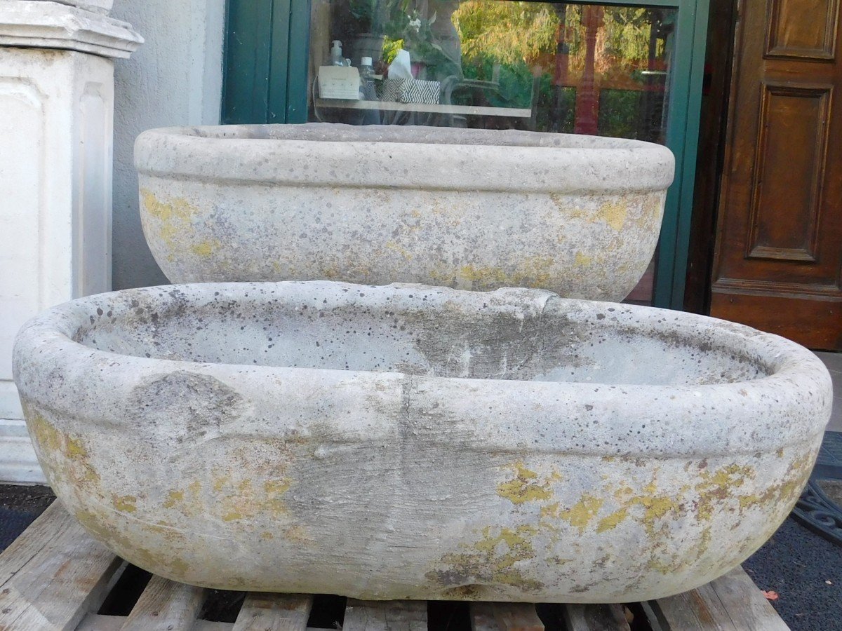 Pair Of Old Sinks Or Tubs, In Carved Stone, 1900s Italy-photo-2