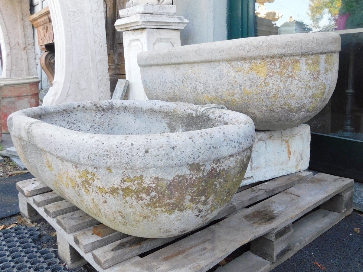 Pair Of Old Sinks Or Tubs, In Carved Stone, 1900s Italy-photo-3