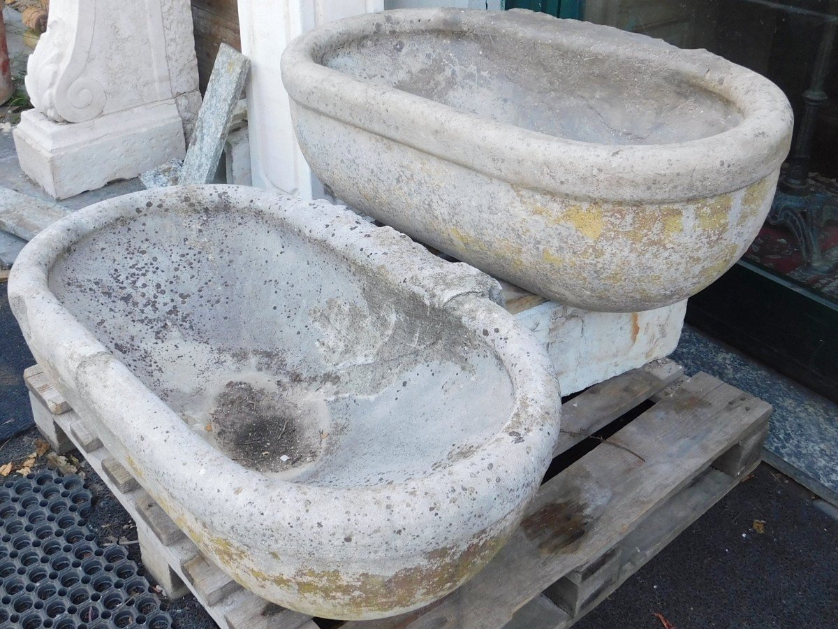 Pair Of Old Sinks Or Tubs, In Carved Stone, 1900s Italy-photo-4