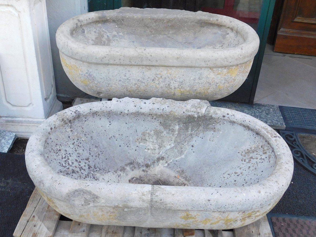 Pair Of Old Sinks Or Tubs, In Carved Stone, 1900s Italy