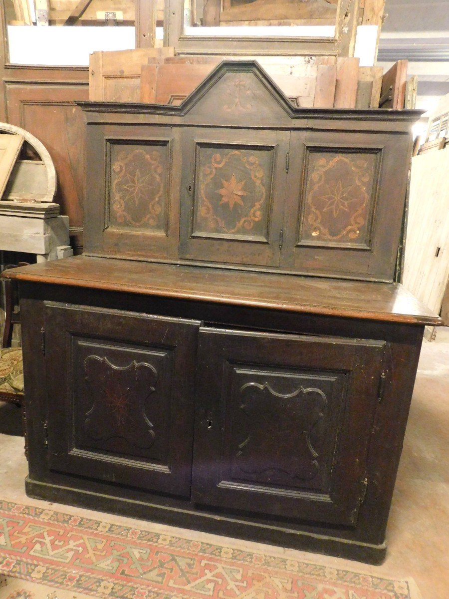 Buffet Ancien En Noyer Avec Incrustations, Avec Commode Et Placard, Italie Du XVIIIe Siècle