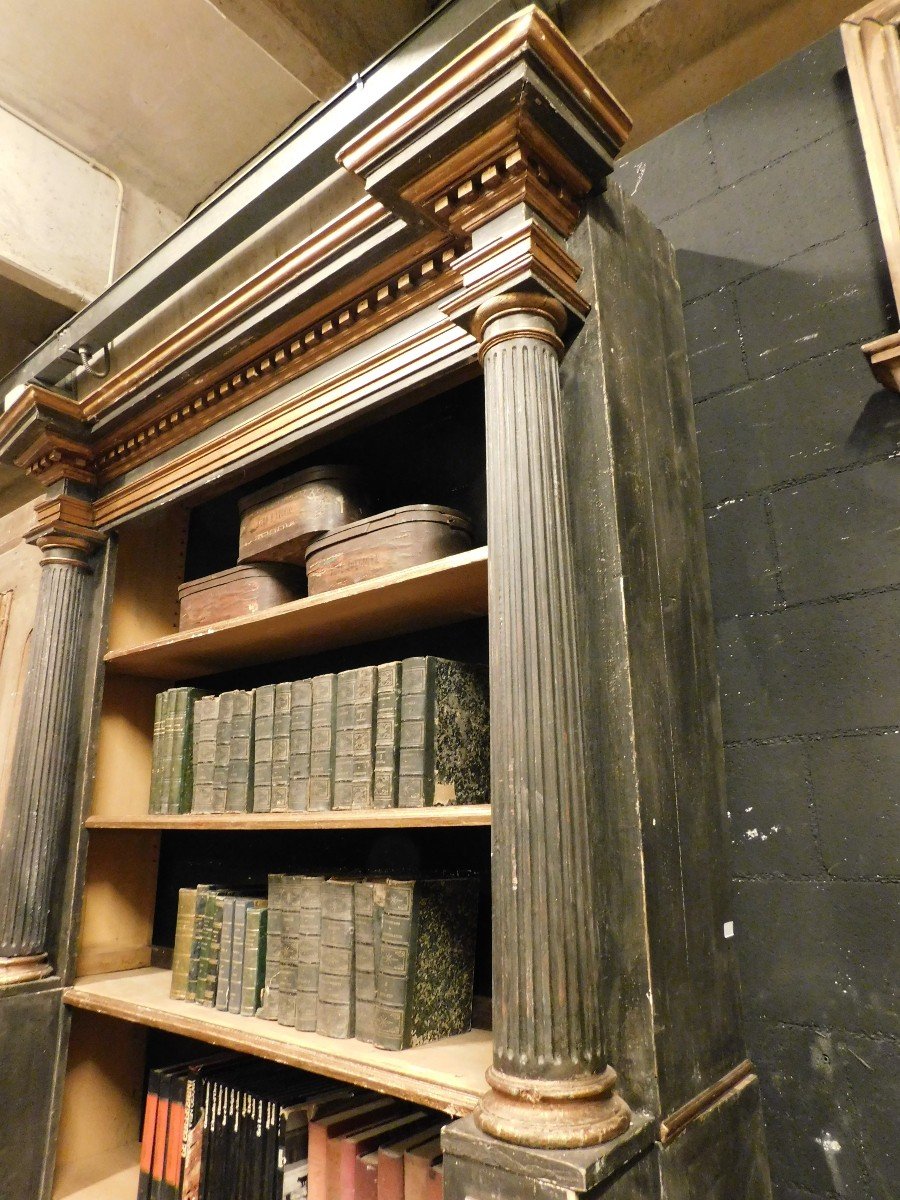 Bibliothèque Ancienne En Bois Laqué Noir Et Or, à Colonnes Sculptées, Fin XVIIIe, Italie-photo-4