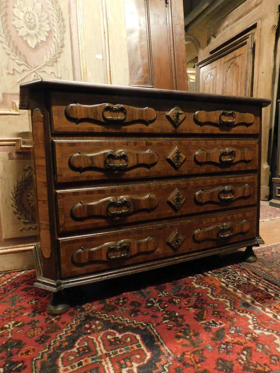 Commode Ancienne, Commode En Noyer Et Bruyère Marquetée, Italie Du XVIIIe Siècle-photo-3