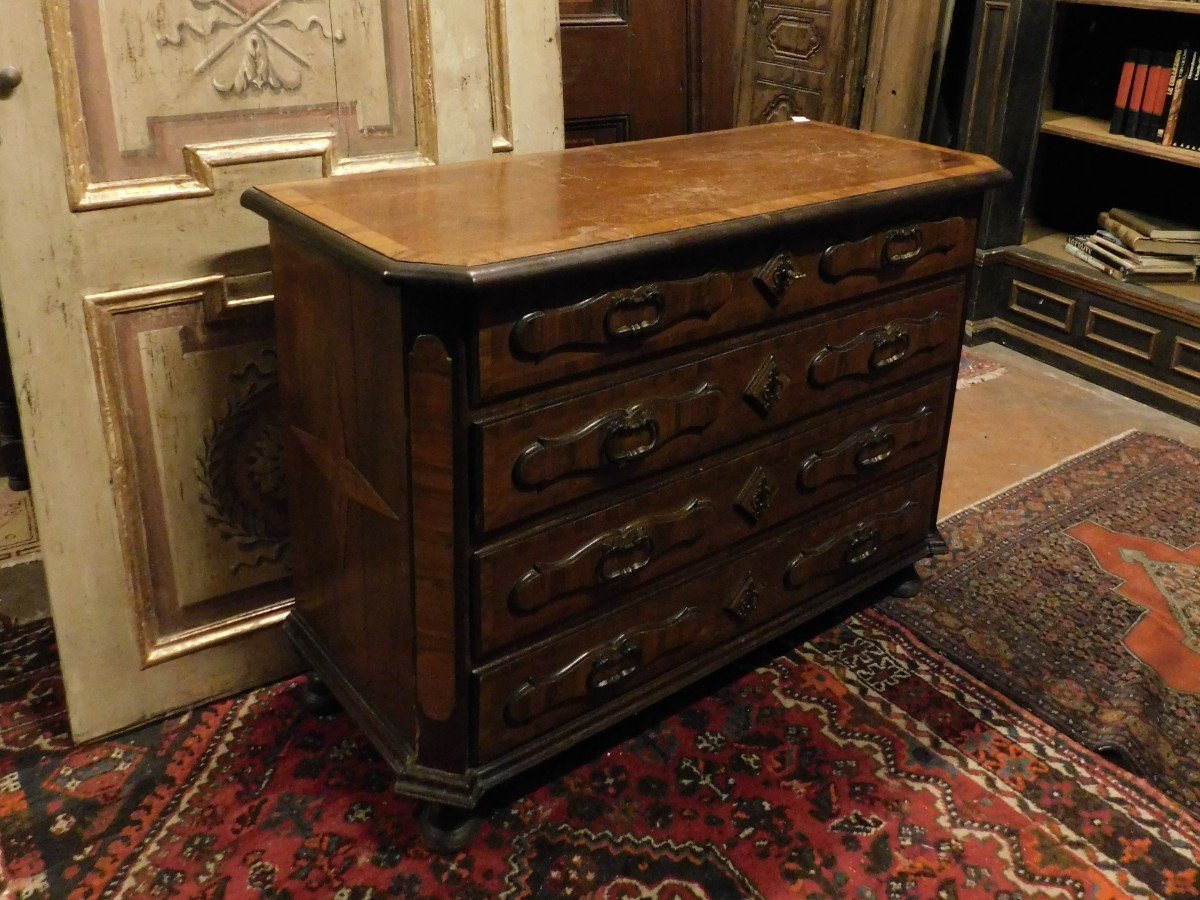 Commode Ancienne, Commode En Noyer Et Bruyère Marquetée, Italie Du XVIIIe Siècle-photo-4