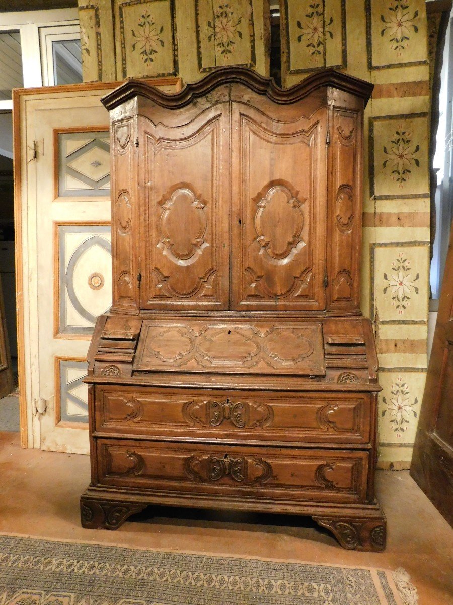 Meuble Trumeau, Double Corps En Bois De Noyer Sculpté Et Avec Portes, Abattant Et Tiroirs-photo-2