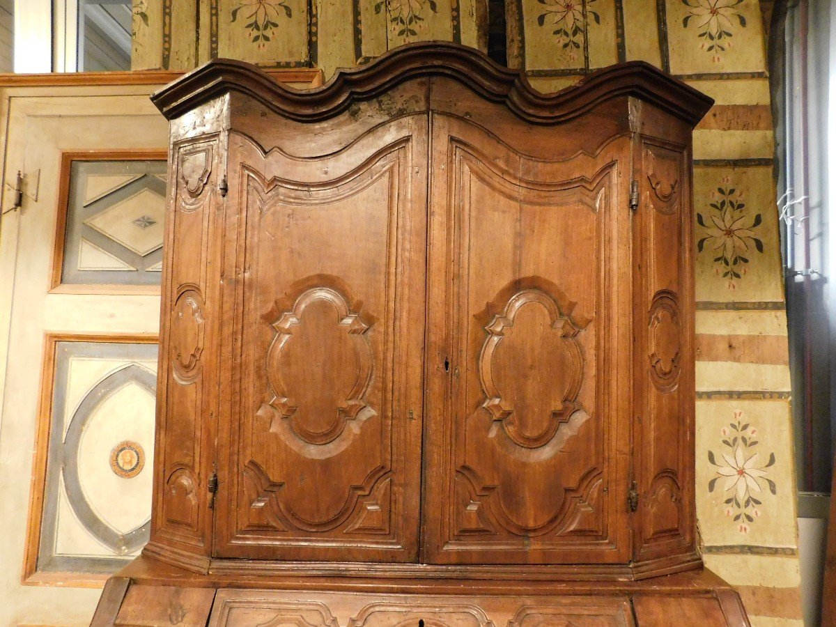 Meuble Trumeau, Double Corps En Bois De Noyer Sculpté Et Avec Portes, Abattant Et Tiroirs-photo-3