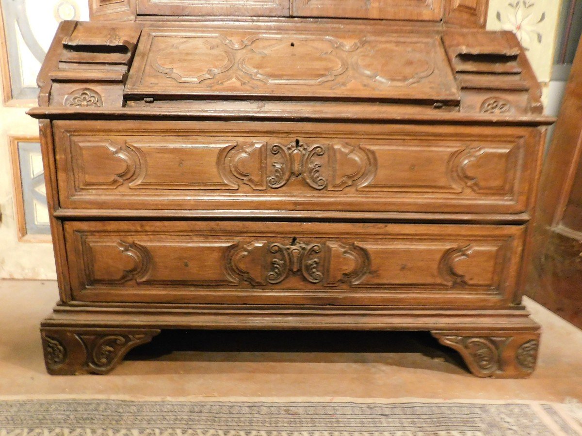 Meuble Trumeau, Double Corps En Bois De Noyer Sculpté Et Avec Portes, Abattant Et Tiroirs-photo-4