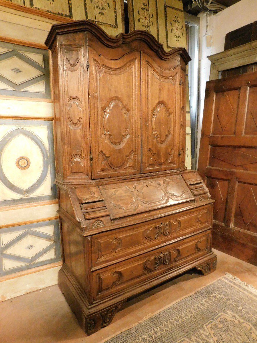 Meuble Trumeau, Double Corps En Bois De Noyer Sculpté Et Avec Portes, Abattant Et Tiroirs-photo-1