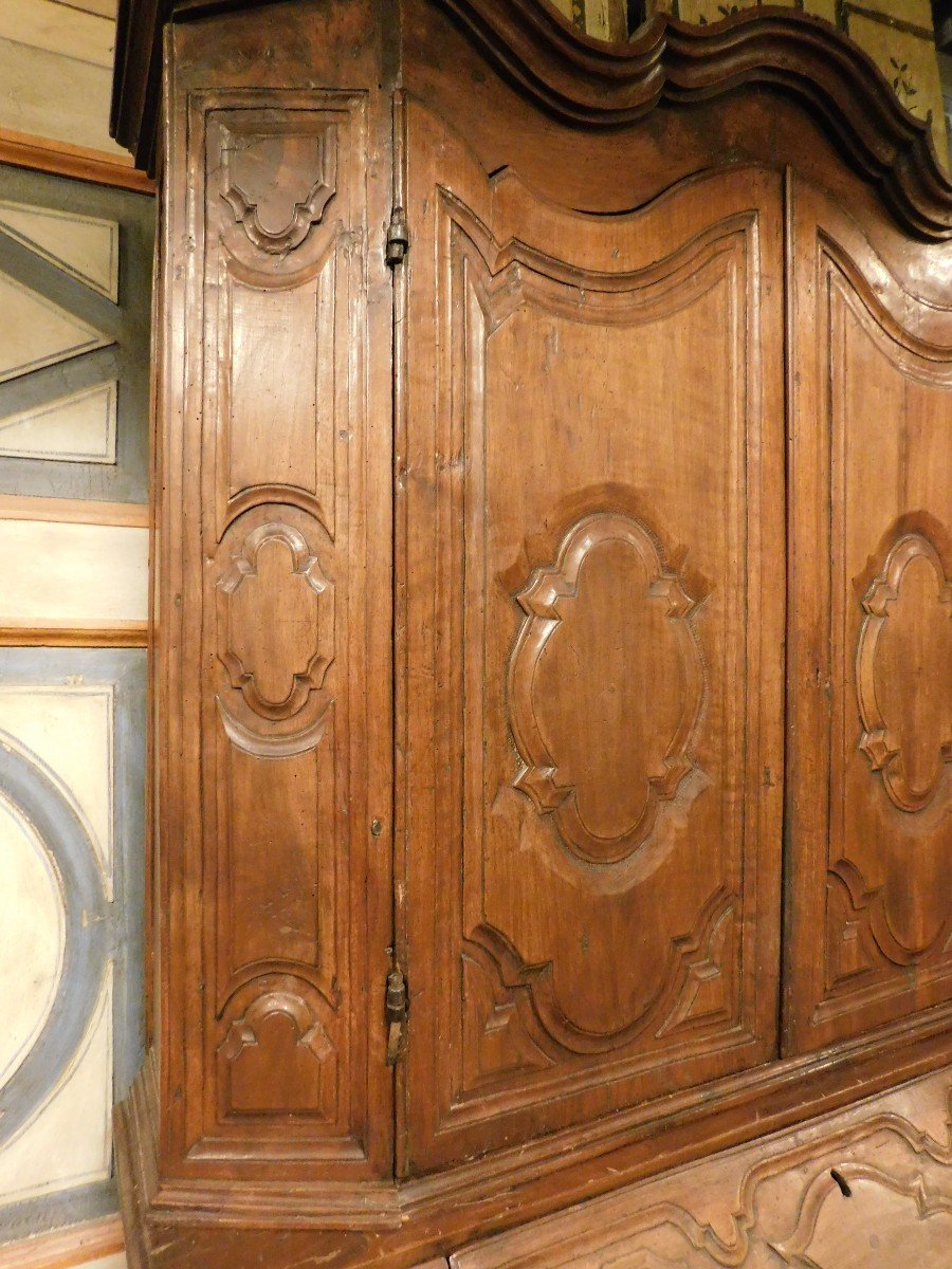 Meuble Trumeau, Double Corps En Bois De Noyer Sculpté Et Avec Portes, Abattant Et Tiroirs-photo-2