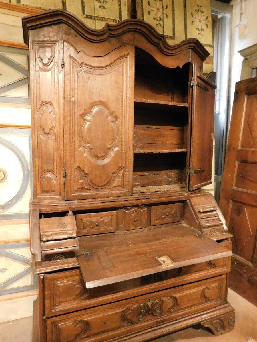Meuble Trumeau, Double Corps En Bois De Noyer Sculpté Et Avec Portes, Abattant Et Tiroirs-photo-3