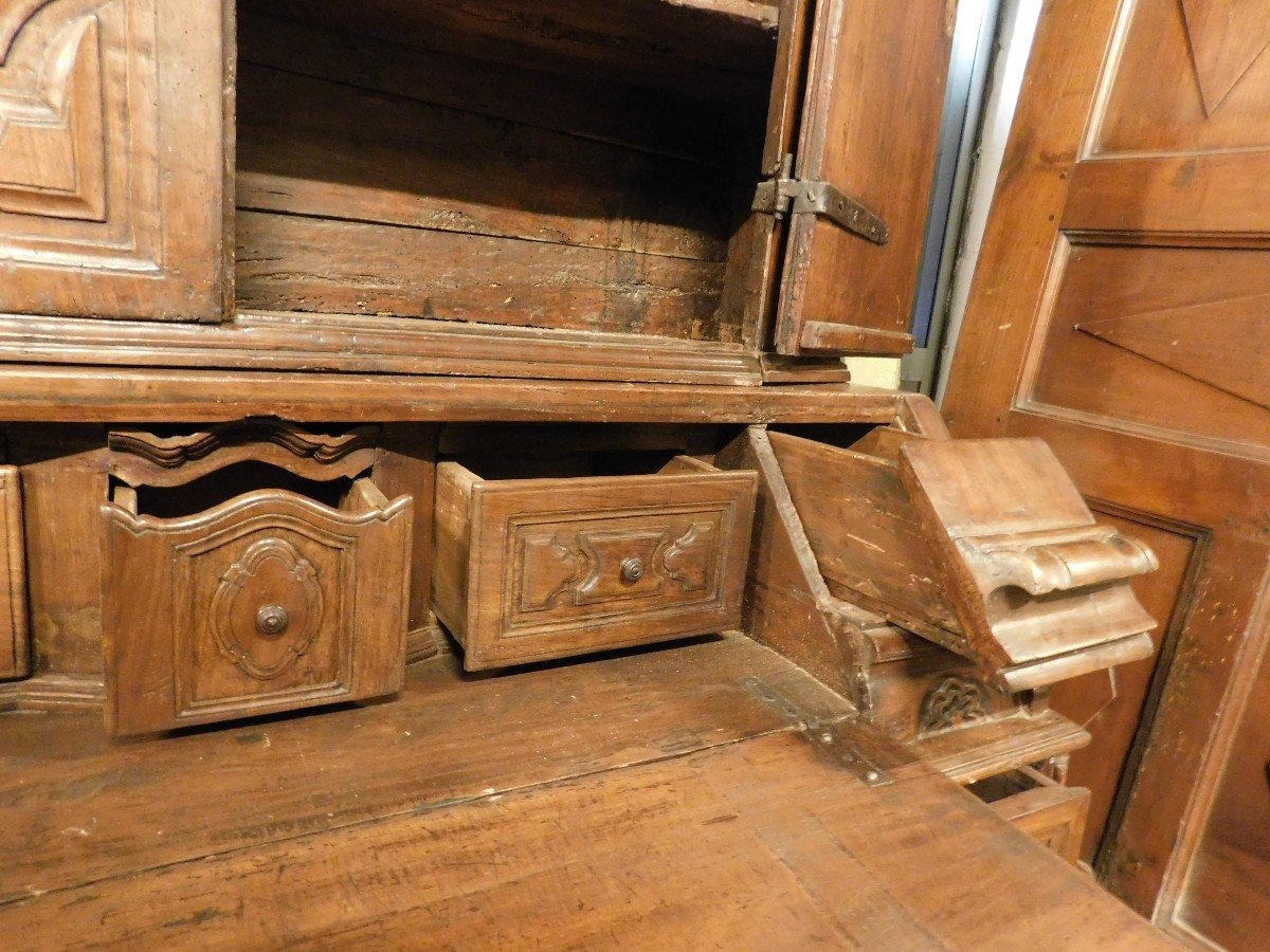 Meuble Trumeau, Double Corps En Bois De Noyer Sculpté Et Avec Portes, Abattant Et Tiroirs-photo-4