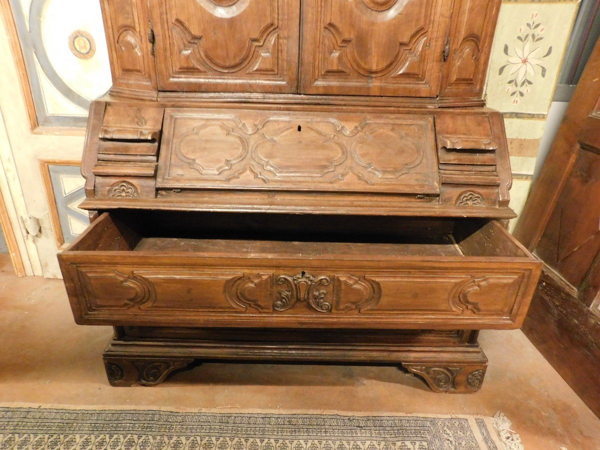 Meuble Trumeau, Double Corps En Bois De Noyer Sculpté Et Avec Portes, Abattant Et Tiroirs-photo-5
