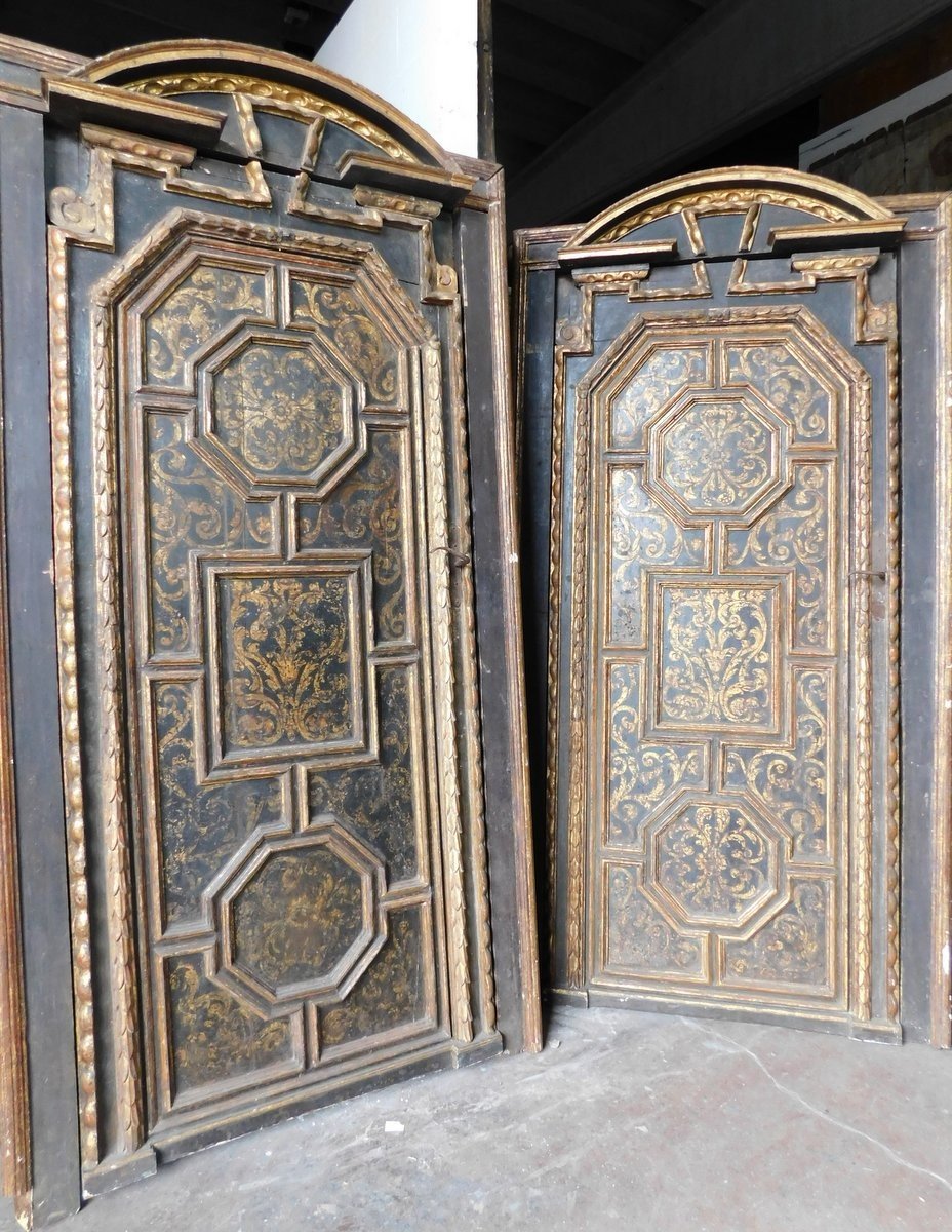 Pair Of Sculpted, Lacquered And Gilded Interior Doors, Original Frame, Florence-photo-1