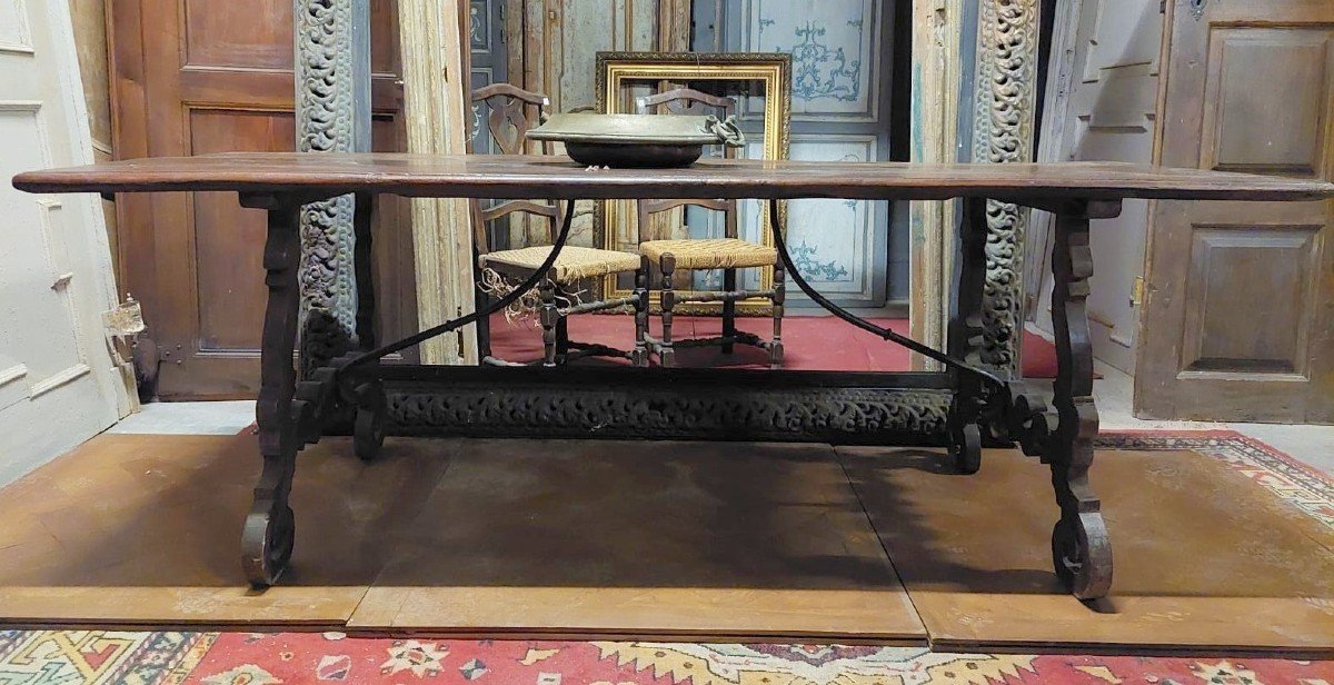 Old Fratino Table In Walnut, Wavy Legs, Italy-photo-2