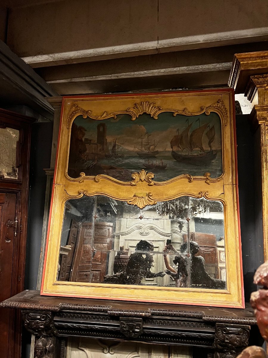 Wooden Mirror Above A Fireplace, 18th Century-photo-3