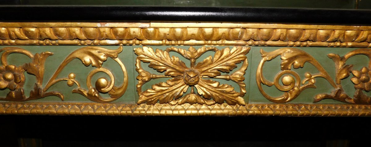 Console laquée avec miroir, ornée de sculptures et de décors dorés, XVIIIe siècle-photo-5