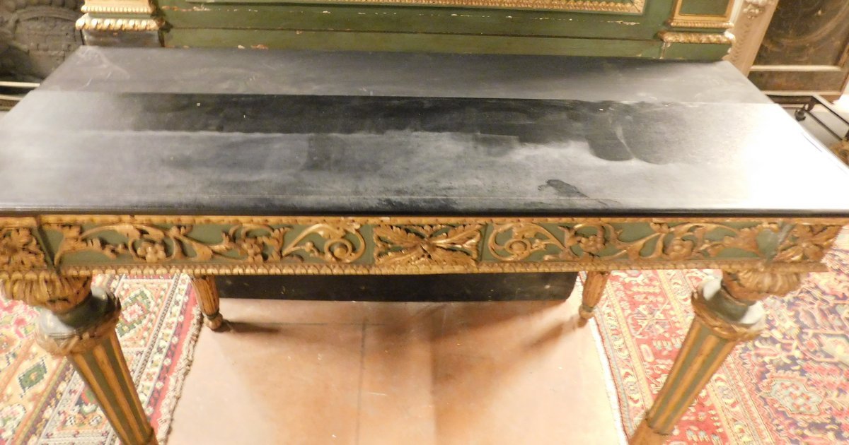 Console laquée avec miroir, ornée de sculptures et de décors dorés, XVIIIe siècle-photo-6