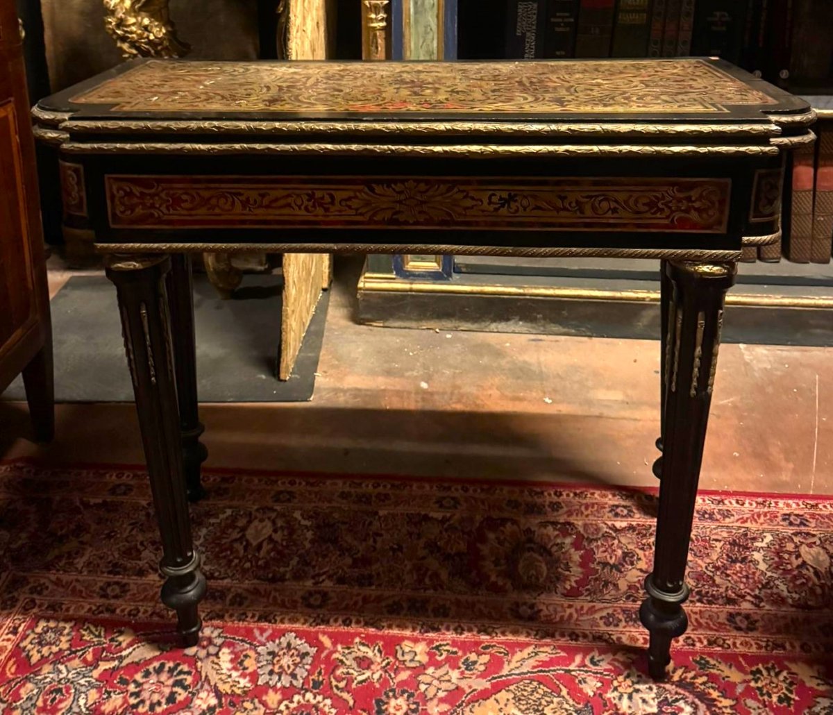 Boulle Game Table With A Drop-down Top, Brass And Tortoiseshell Inlays, 19th Century-photo-2