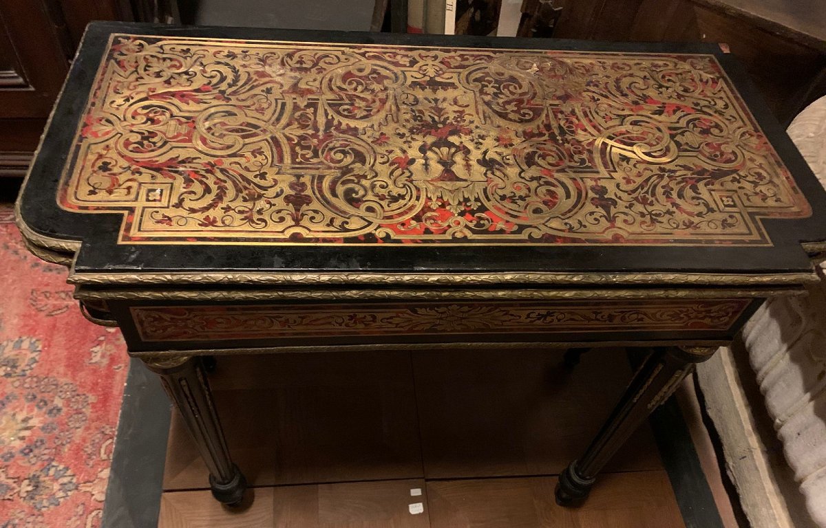 Boulle Game Table With A Drop-down Top, Brass And Tortoiseshell Inlays, 19th Century-photo-3
