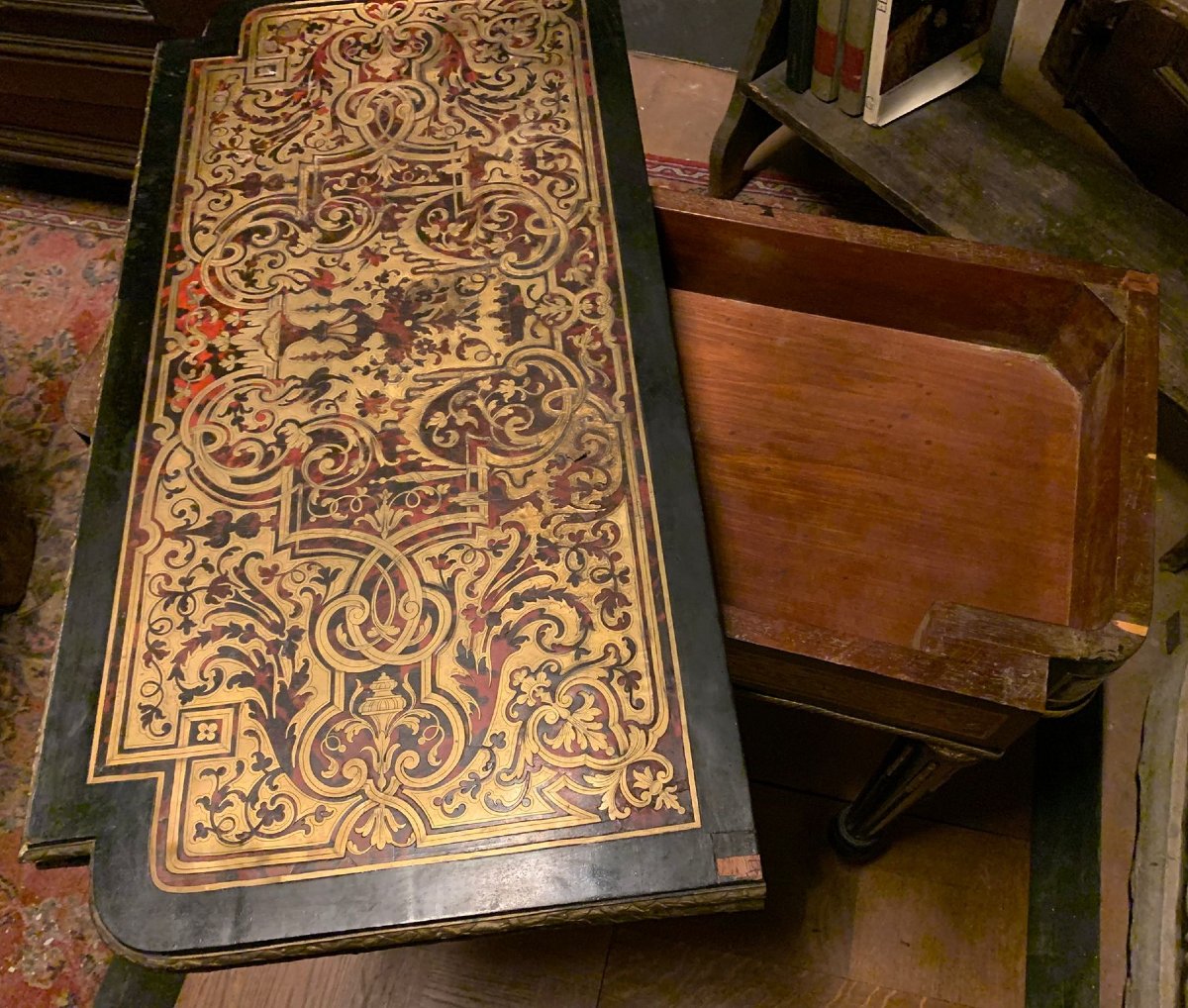 Boulle Game Table With A Drop-down Top, Brass And Tortoiseshell Inlays, 19th Century-photo-4