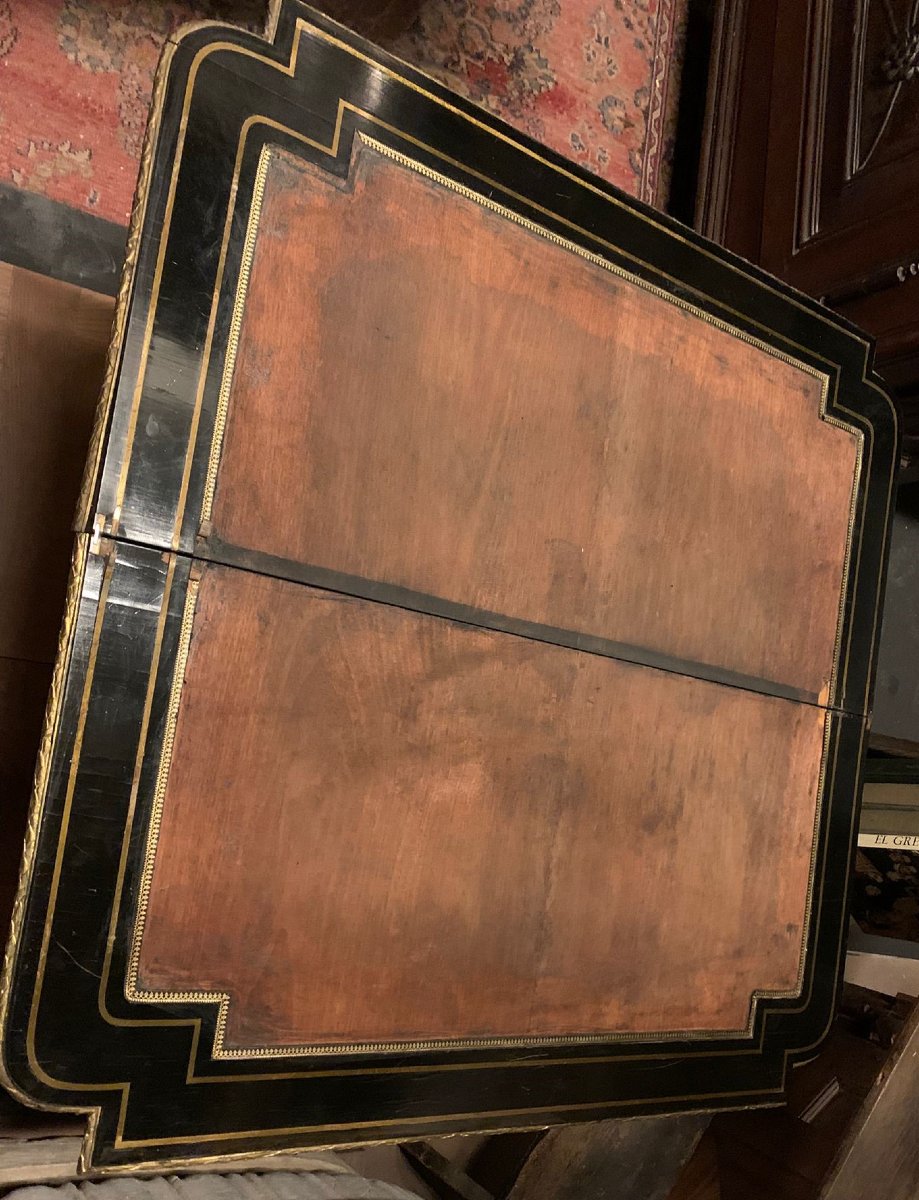 Boulle Game Table With A Drop-down Top, Brass And Tortoiseshell Inlays, 19th Century-photo-1