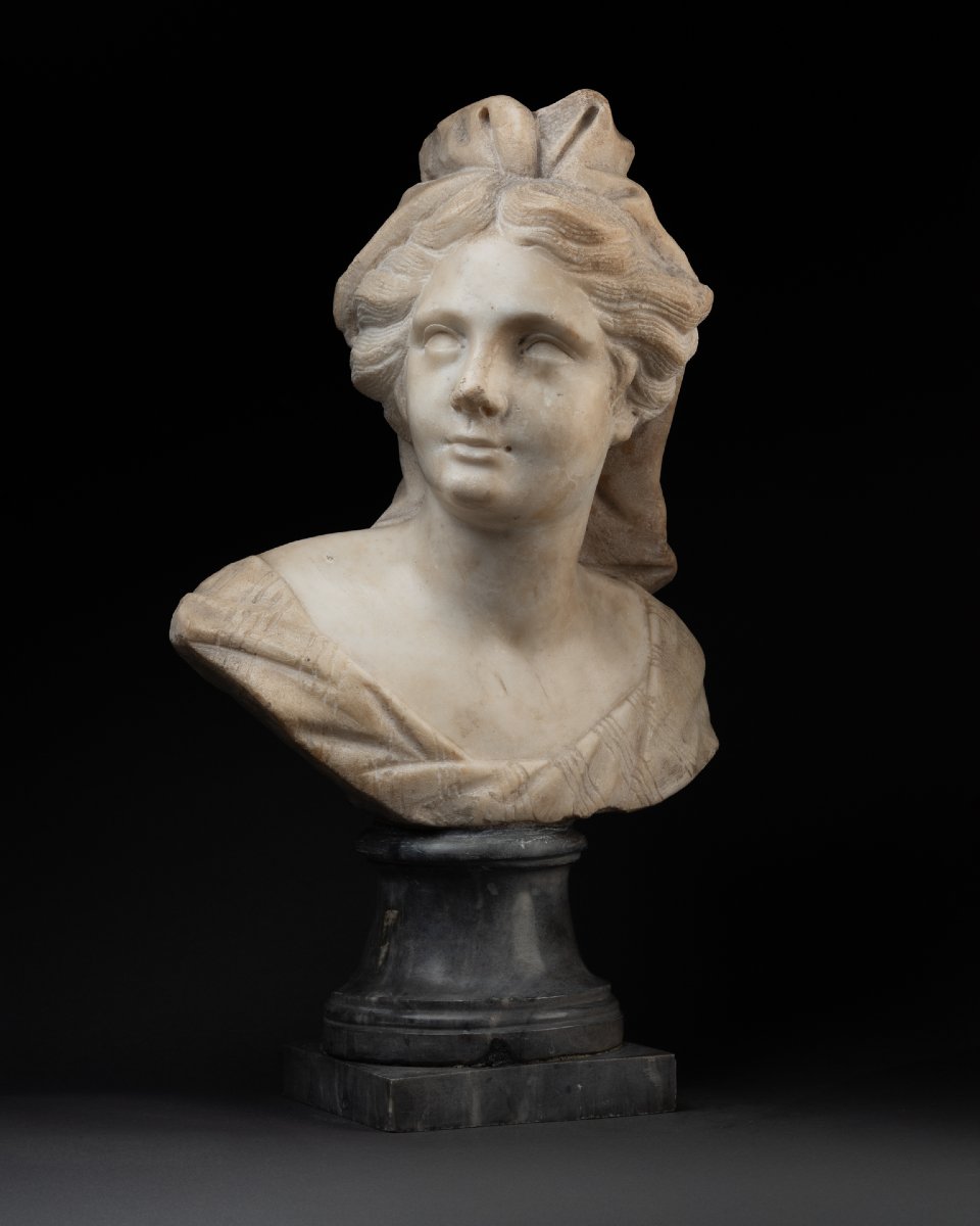 Bust Of A Young Woman, White Marble, Venice - Late 17th Century-photo-2