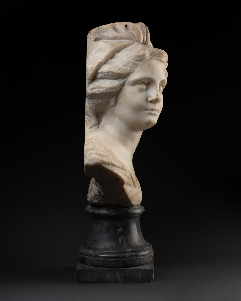 Bust Of A Young Woman, White Marble, Venice - Late 17th Century-photo-3