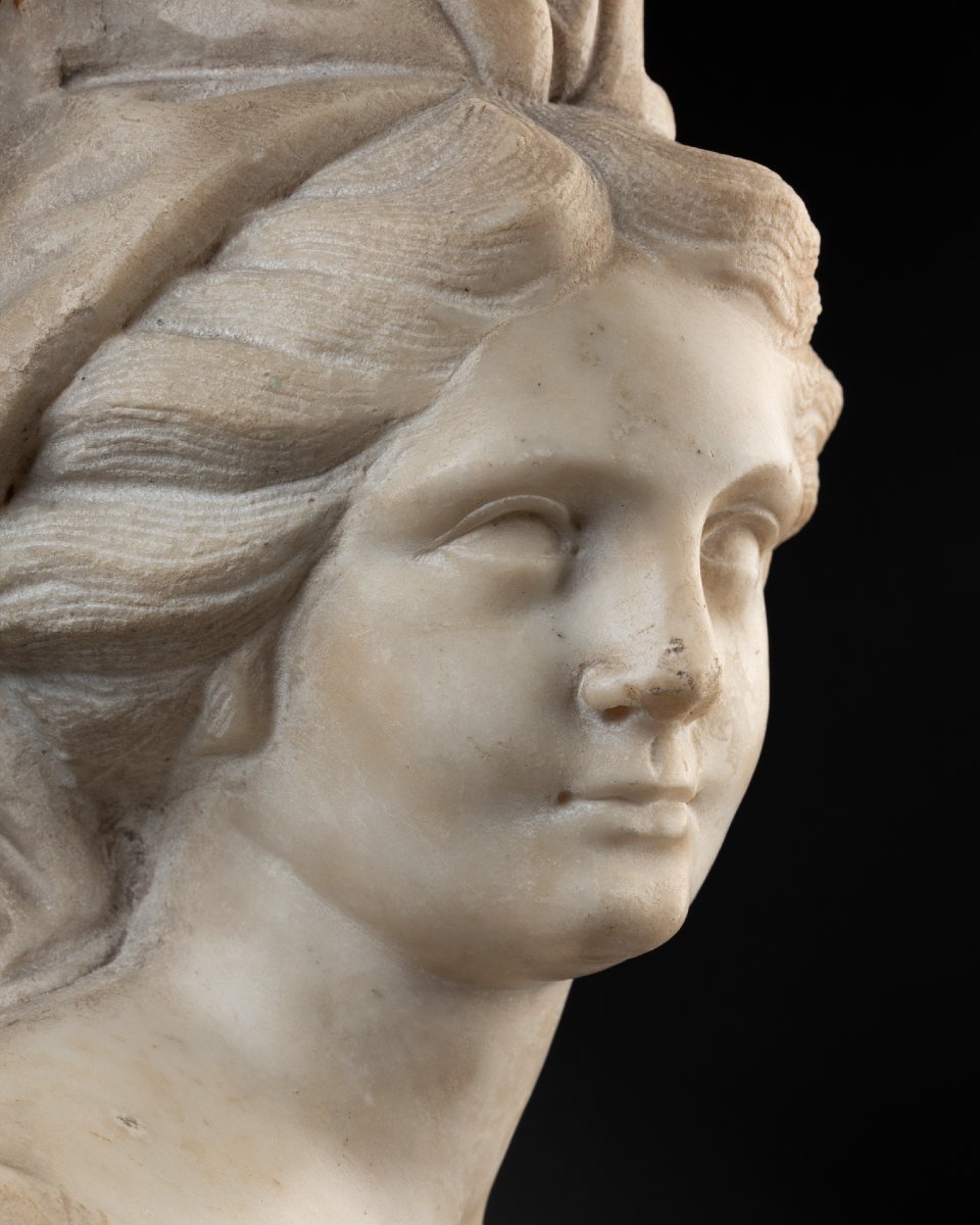 Bust Of A Young Woman, White Marble, Venice - Late 17th Century-photo-4