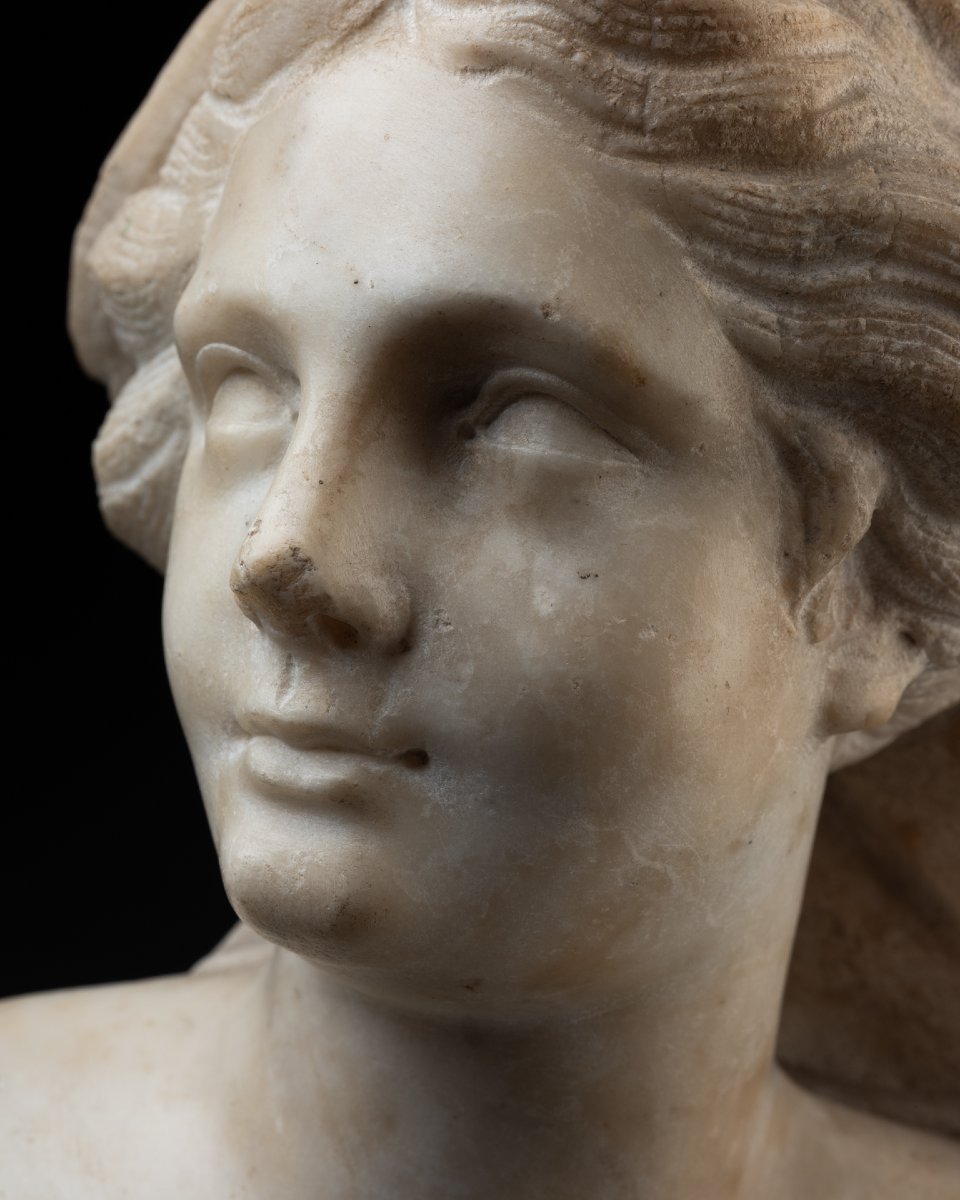 Bust Of A Young Woman, White Marble, Venice - Late 17th Century-photo-1