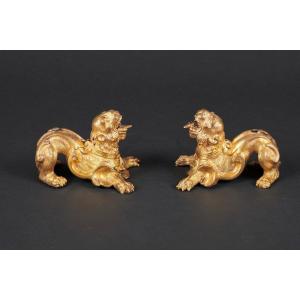 Pair Of Cabinet Lions In Gilt Bronze - Venice, Late 16th Century