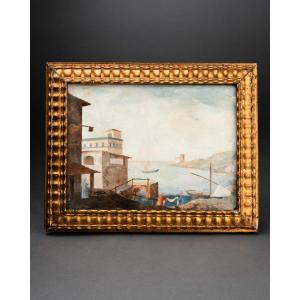 Vue d’un port italien, panneau en Scagliole, Italie, Milieu du XVIIIe siècle