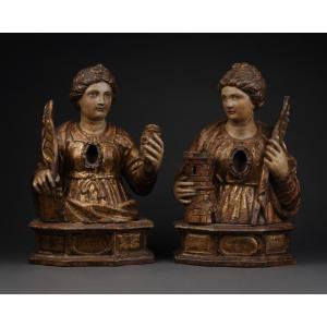 Pair Of Gilded Wooden Reliquary Busts, Central Italy – Second Half Of The 16th Century