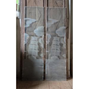Paire de panneaux de bistro en verre  gravés à l'acide