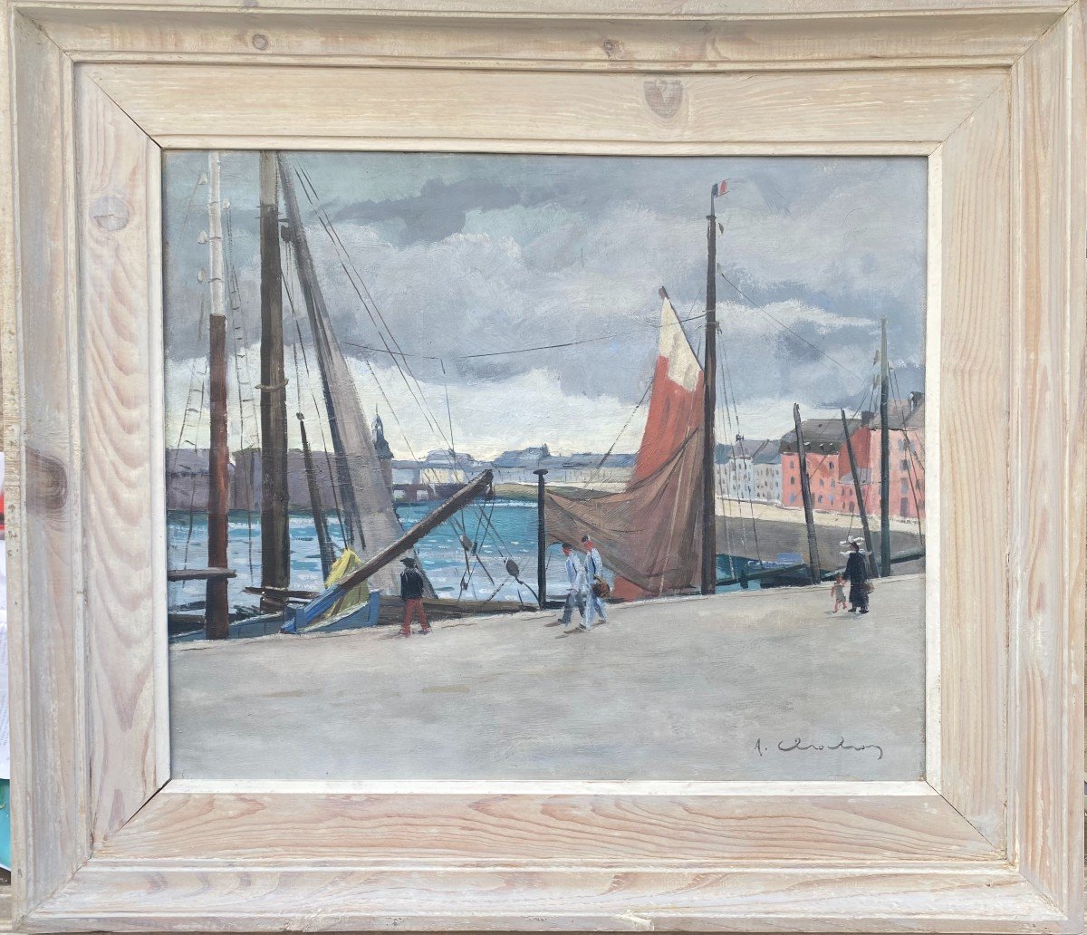 Port In Brittany: Strollers  And Sailors, Figurative Painting From The 1940s Artist From Rennes-photo-2