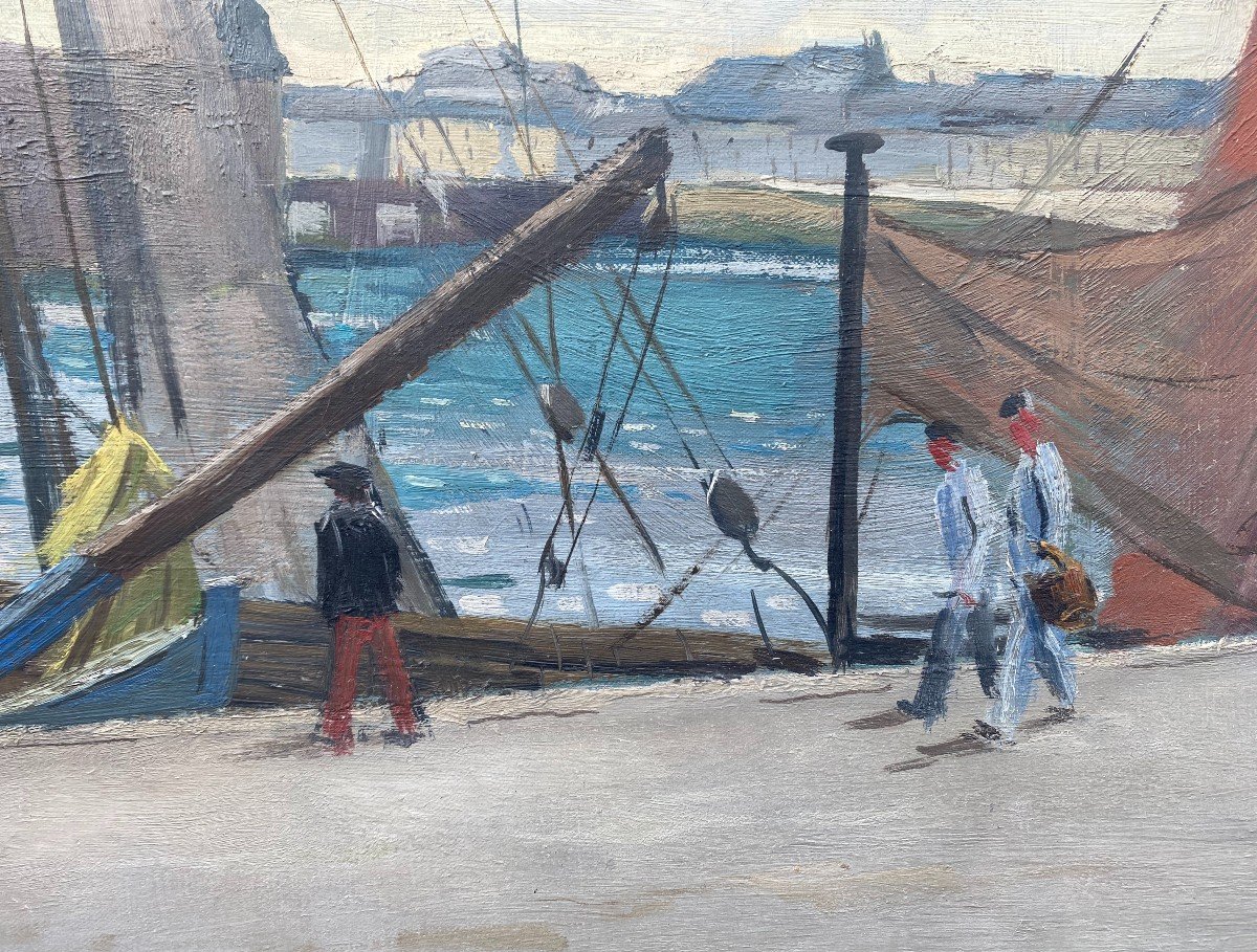 Port In Brittany: Strollers  And Sailors, Figurative Painting From The 1940s Artist From Rennes-photo-4