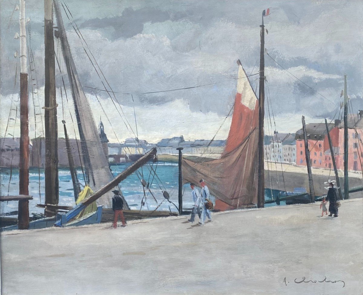 Port In Brittany: Strollers  And Sailors, Figurative Painting From The 1940s Artist From Rennes
