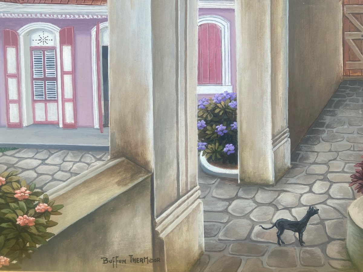 Dreamlike Architectural Villa With Animals In A Landscape, Haitian Art Evoking Henri Rousseau-photo-3
