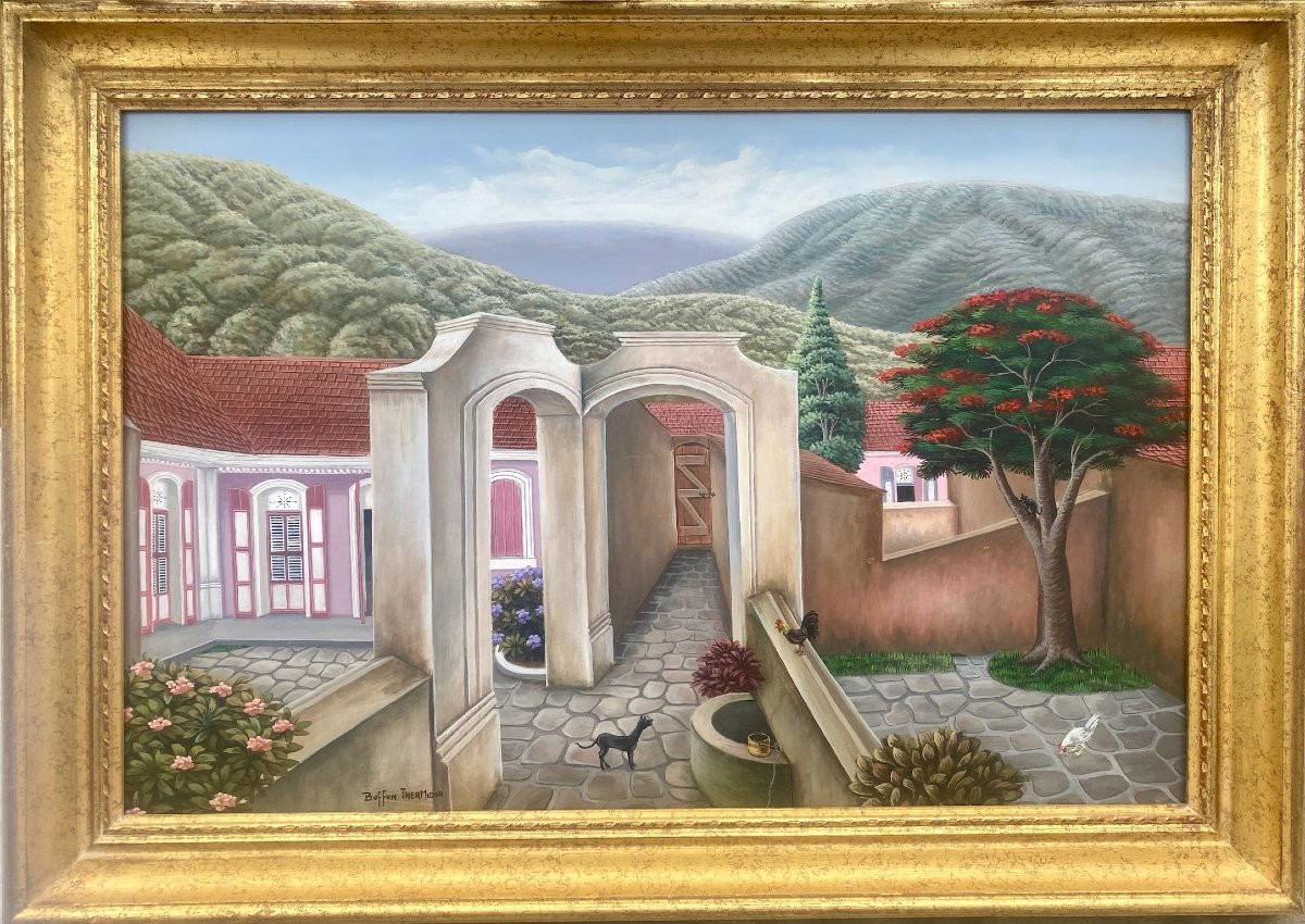 Dreamlike Architectural Villa With Animals In A Landscape, Haitian Art Evoking Henri Rousseau-photo-4