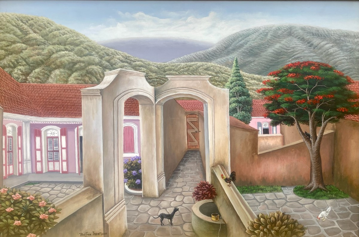 Dreamlike Architectural Villa With Animals In A Landscape, Haitian Art Evoking Henri Rousseau