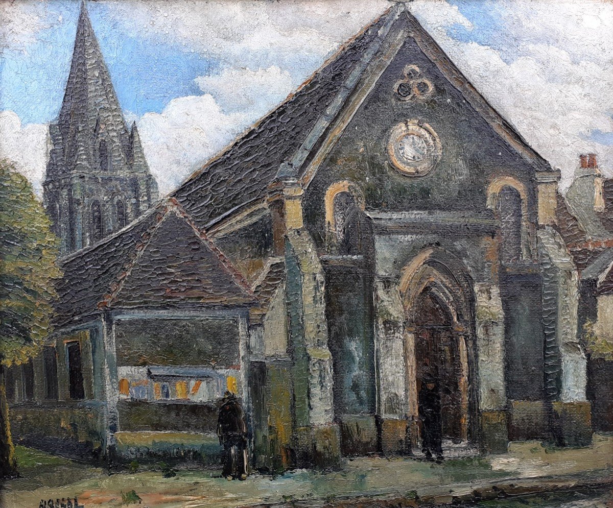 Raymon Besse Banlieue De Paris  Athis-mons église Saint Danis Circa 1930 Huile Sur Toile-photo-1