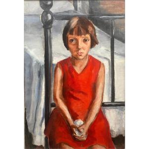 La Robe Rouge: jeune fille par Femme Peintre Alice Kohn époque Art Deco Circa 1935 