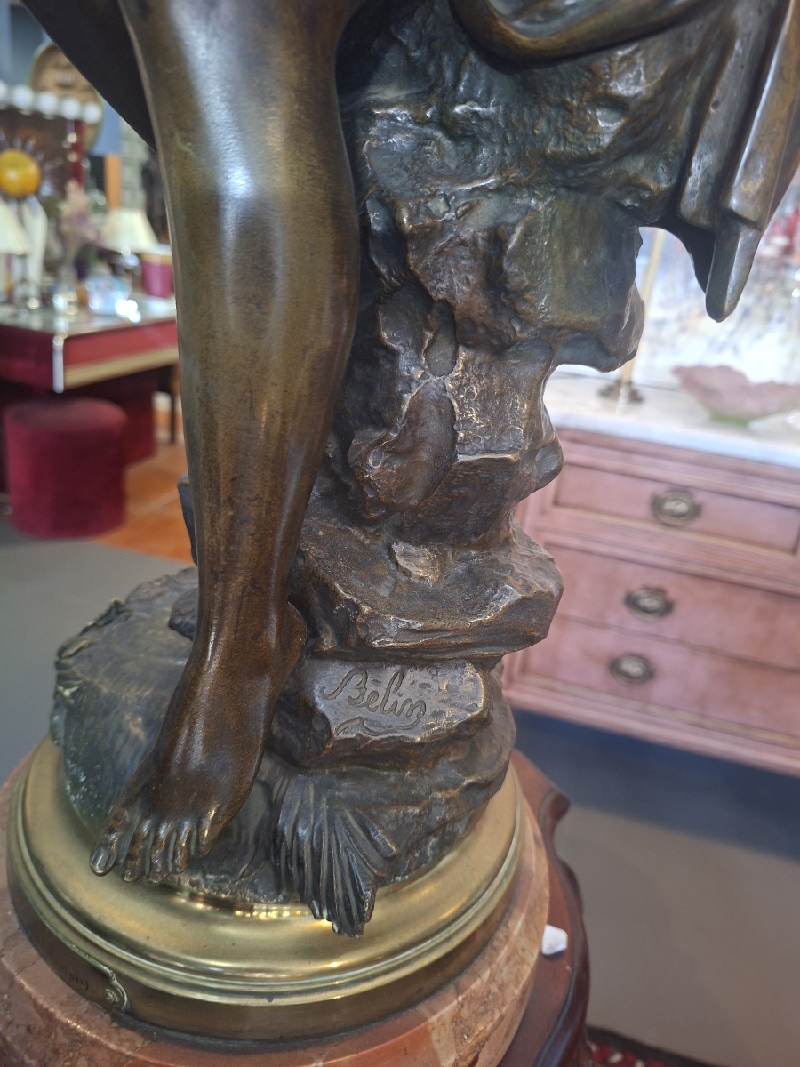 Joseph-François A.Belin –  Sculpture “Myssia” –  Bronze  sur socle marbre griotte, XIXᵉ siècles-photo-2