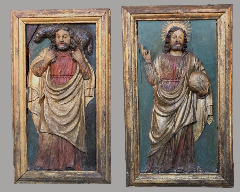 Christ Pasteur Et Christ En Majesté-haut-relief - Bois Sculpté Et Doré - 17eme Sud De La France