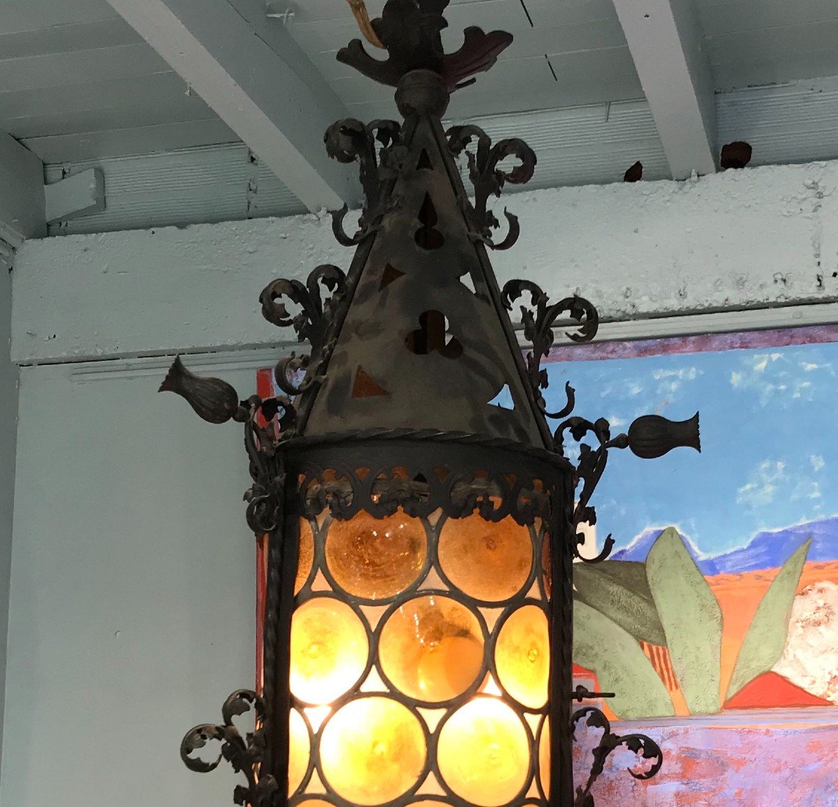 Neo-gothic Lantern In Wrought Iron And Glass - Stained Glass In Bottom Of Bottle - Late 19th Century-photo-2