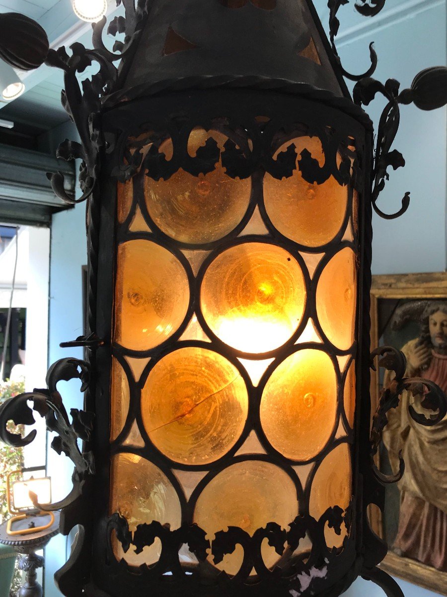 Lanterne néo-gothique En Fer Forgé Et Verre -vitraux En Cul De Bouteille-fin Du 19eme Siècle-photo-3