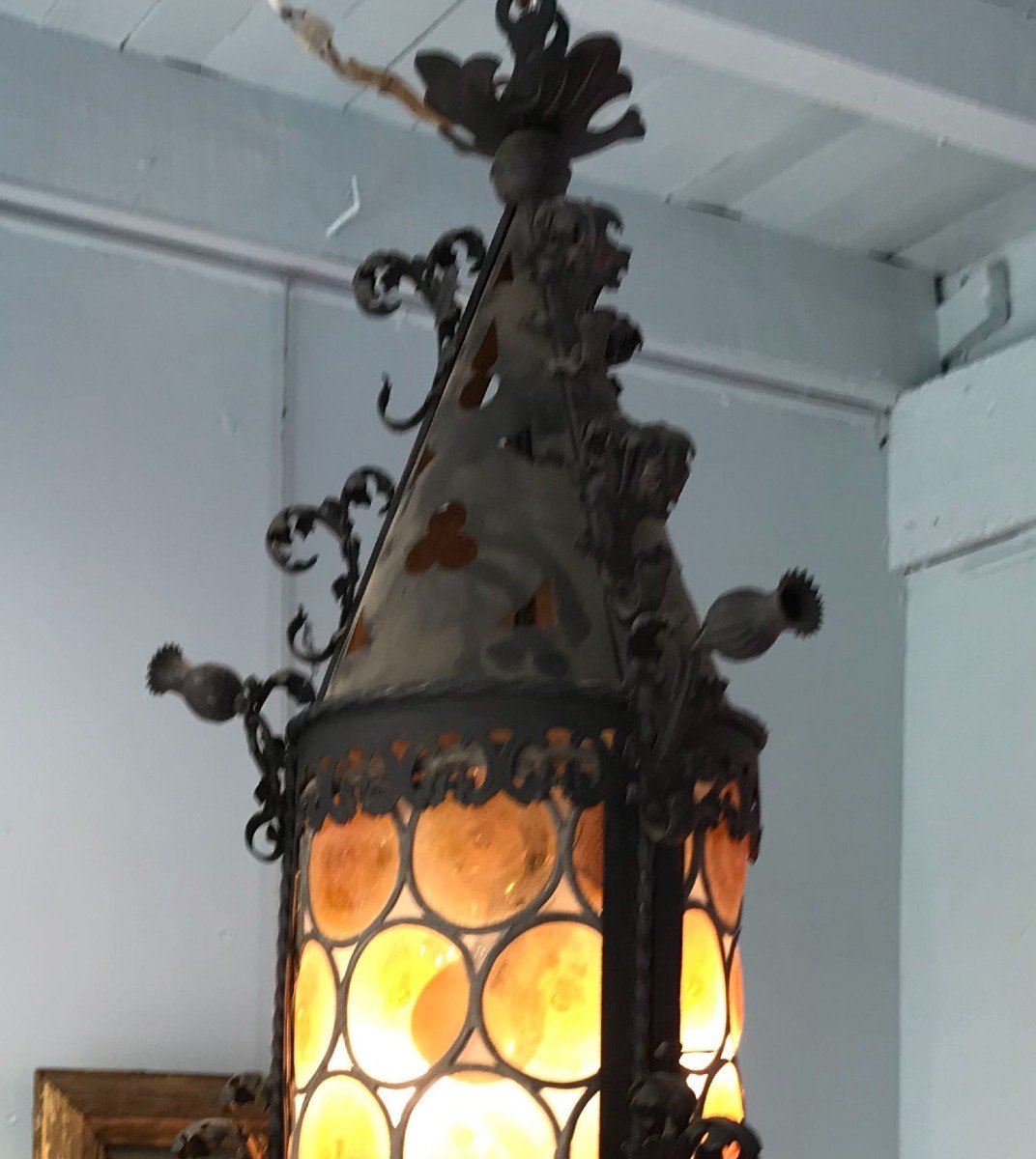 Lanterne néo-gothique En Fer Forgé Et Verre -vitraux En Cul De Bouteille-fin Du 19eme Siècle-photo-2