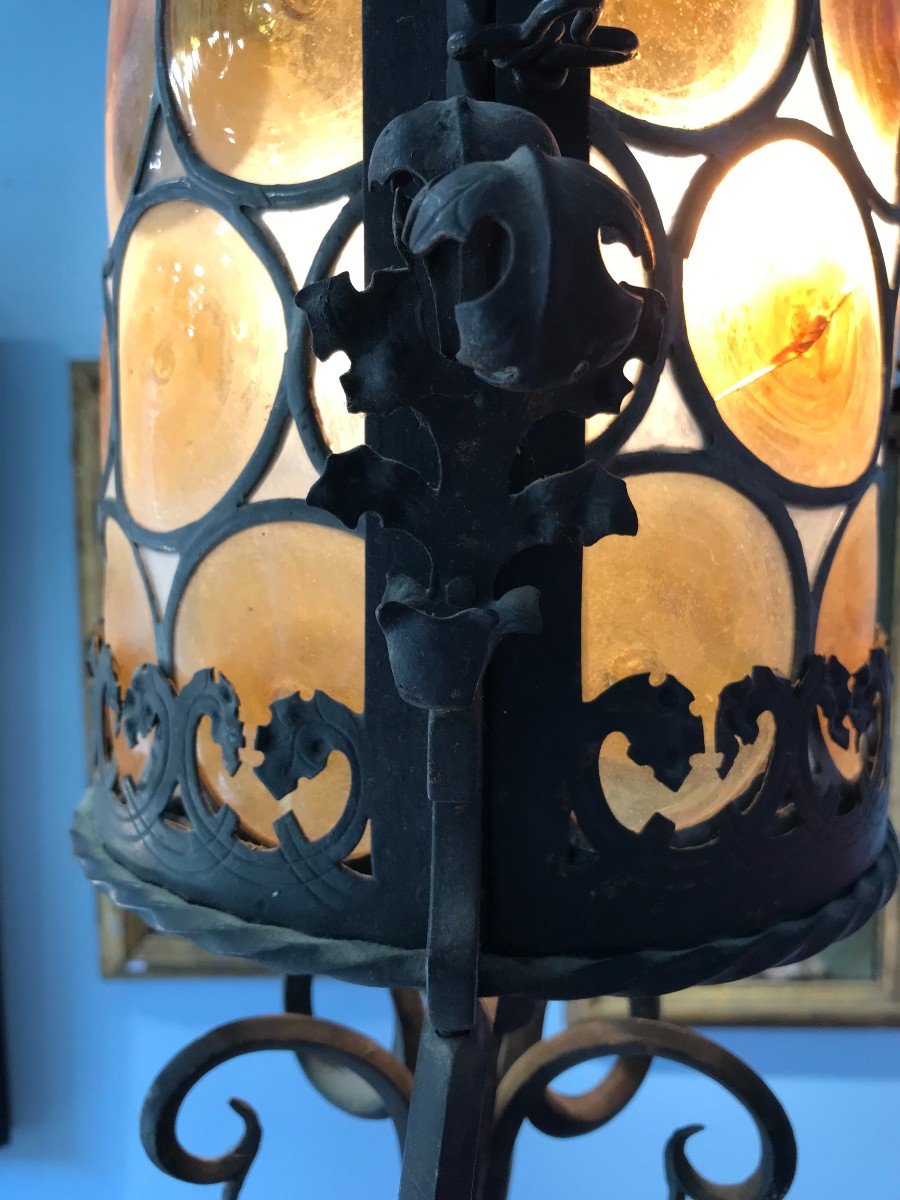 Lanterne néo-gothique En Fer Forgé Et Verre -vitraux En Cul De Bouteille-fin Du 19eme Siècle-photo-3