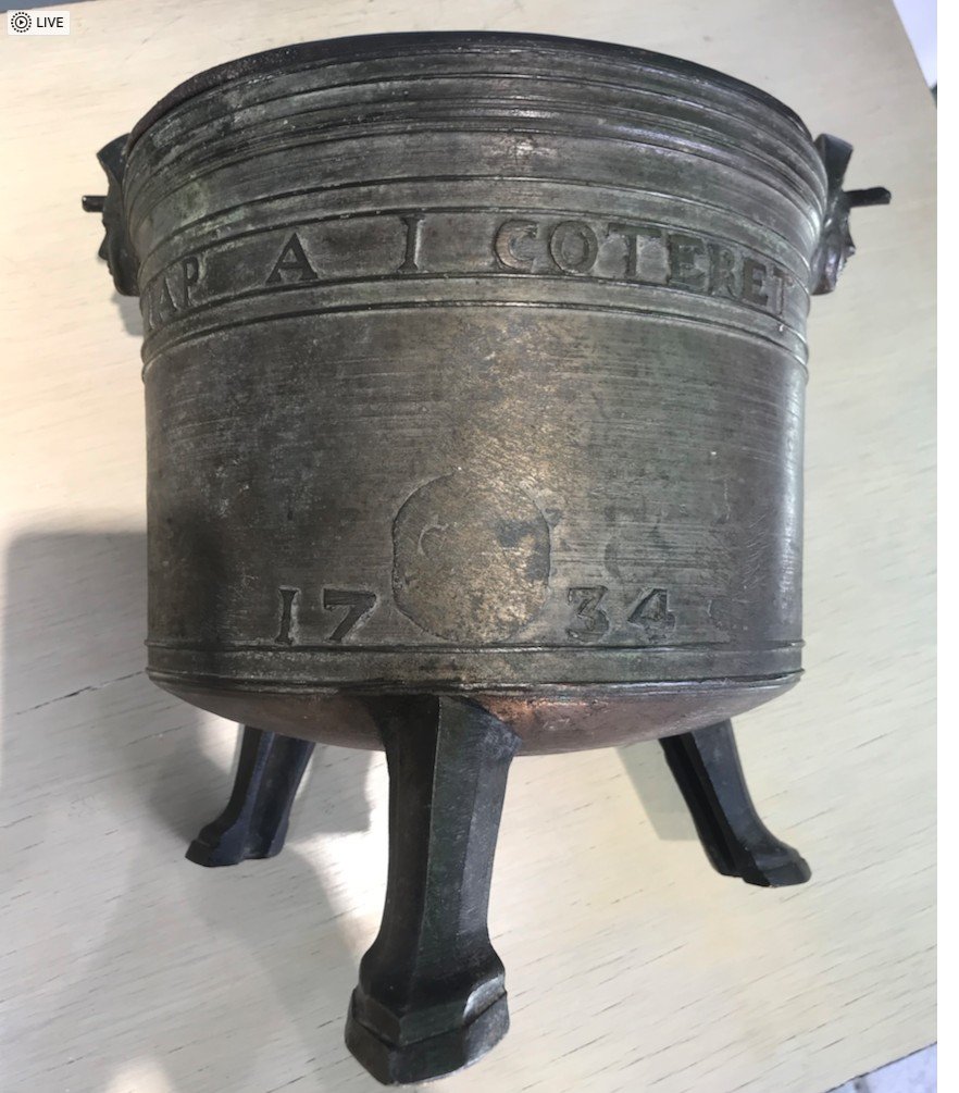 Bronze Tripod Cauldron Or Pot - Dated 1734 - Coteret - 18th Century-photo-1